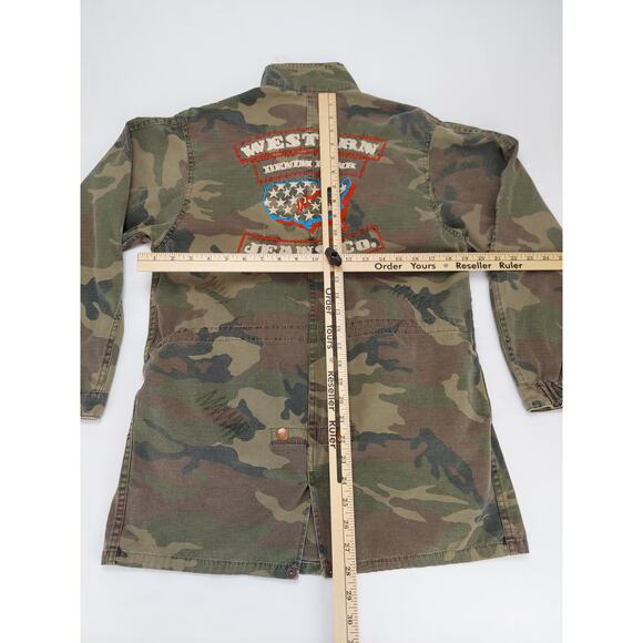 Western Denim Bank Jeans Co Jacket Green Camo Military Embroidered Studded Med - Picture 3 of 15